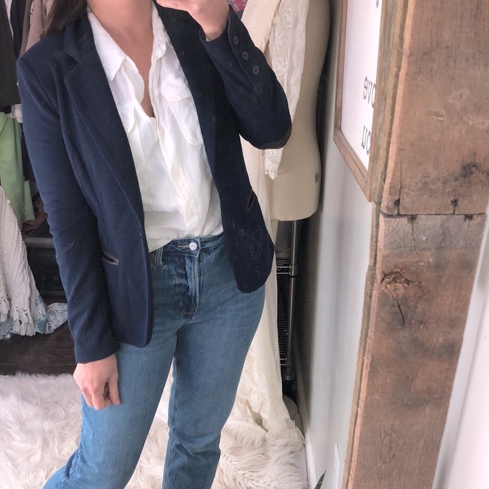 41 Hawthorn navy blue blazer jacket size small elbow patch detail